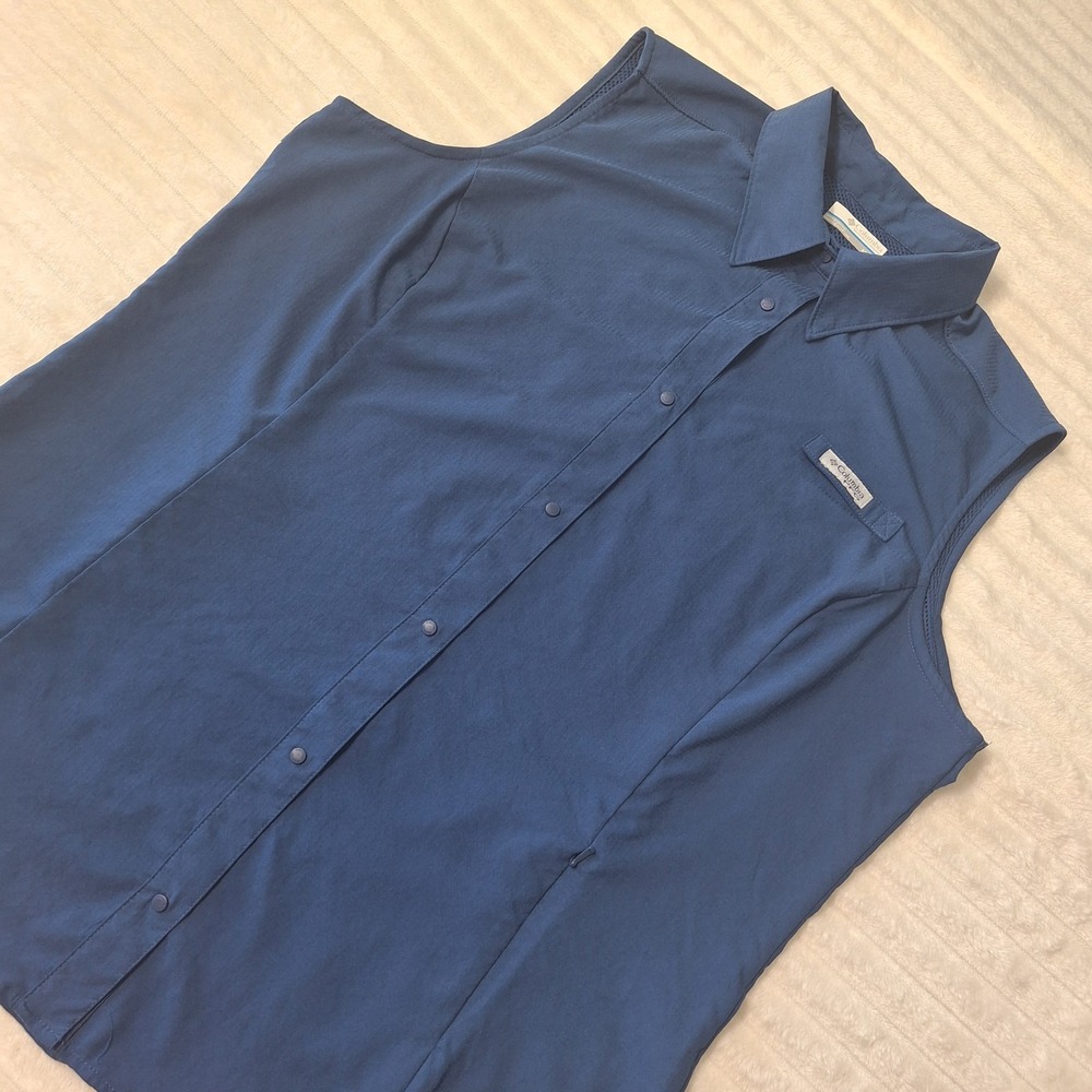 Columbia PFG Sleeveless Fishing Shirt Womens XL Navy Vented Snap Front Pocket